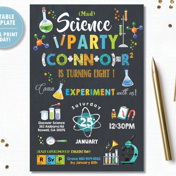 Science Party Invitation, EDITABLE TEMPLATE, Mad Science Birthday Party, Lab Experiment Scientist, PDF Diy Printable, Instant Download SC2
