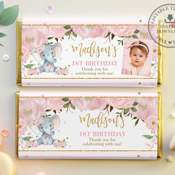 EDITABLE TEMPLATE, Cute Elephant First 1st 2nd Birthday Blush Pink Floral Photo Chocolate Bar Wrappers Hershey Aldi Favor Printable Diy, EP5