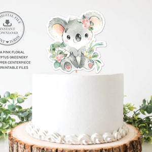 Schattig Koala roze bloemen groen taart topper middelpunt INSTANT DOWNLOAD, Australische dieren digitaal bestand baby douche 1e verjaardag partij AU2