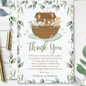 Noah's Ark Greenery Merci carte imprimable, modèle modifiable, sexe neutre garçon fille Baby Shower anniversaire Noahs Ark animaux mignons Pdf NA1