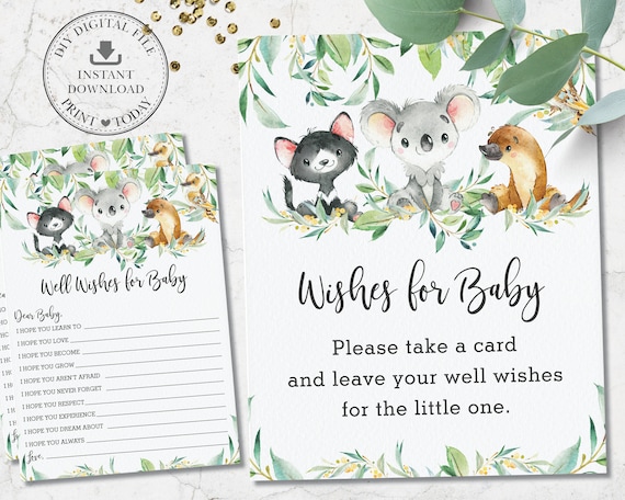 Australian Animals Wishes for Baby Card and Sign, Eucalyptus Greenery Koala Baby Shower Activity Printable, Diy Pdf INSTANT DOWNLOAD, AU1 Il_570xn