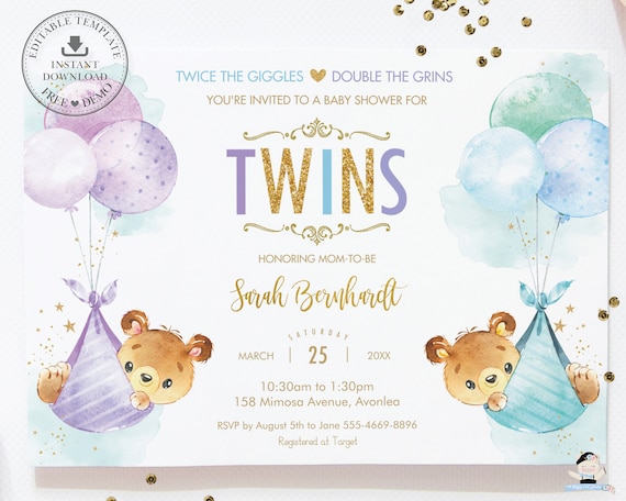 Gemelli Baby Bears Invito per baby shower, MODELLO MODIFICABILE