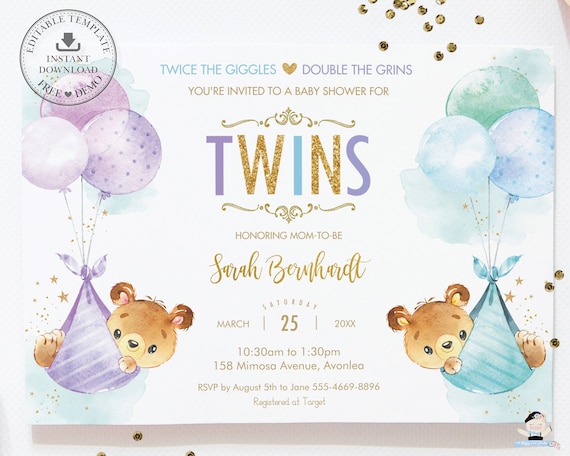 Gemelli Baby Bears Invito per baby shower, MODELLO MODIFICABILE, Simpatico  orsacchiotto Viola Blu Twin Boy Girl Palloncini Fai da te Pdf Download  immediato, TB5 -  Italia