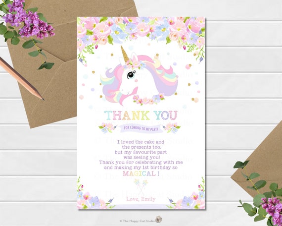 Unicorn Thank You, Note, Card, 1st Birthday Party, Personalized, First, Floral, Watercolor, Rainbow, Pastel, Cute, Digital Print Download Il_570xn