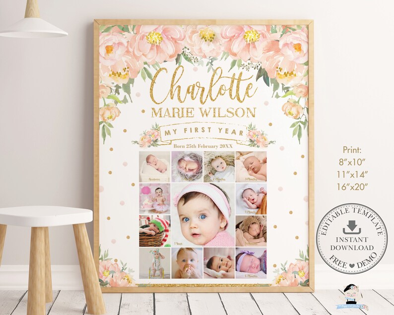 Baby Girl First Year Photo Collage, EDITABLE TEMPLATE, Peach Floral Gold 1st Birthday Milestone Sign Printable, Decor, INSTANT Download, PF2 image 1