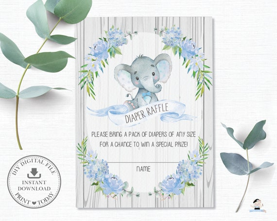 Elephant Diaper Raffle Card, INSTANT DOWNLOAD, Rustic Blue Floral Boy Diaper Insert Ticket Greenery Elephant Baby Shower Printable PDF, EP4 Il_570xn