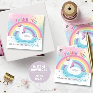 Può includere: Etichette di ringraziamento stampabili con un unicorno che cavalca un anello gonfiabile davanti a un arcobaleno. Il testo sull'etichetta dice "Grazie per aver reso la mia festa uno Splash!"