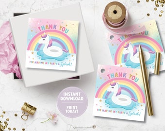 Unicorn Floatie Thank You Tags, Favor, Gift Labels, Unicorn Pool Birthday Party, Rainbow Unicorn, Tag, Printable, INSTANT DOWNLOAD, UF1