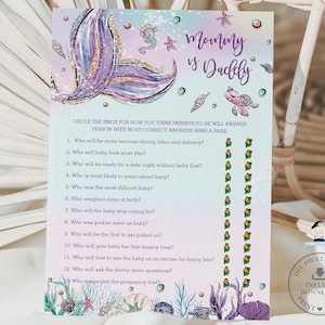 May include: A printable baby shower game with a mermaid and sea turtle design. The game asks guests to guess who will be more nervous during labor, who the baby will look like, and other questions about the parents-to-be. The game includes emojis for guests to circle their answers.