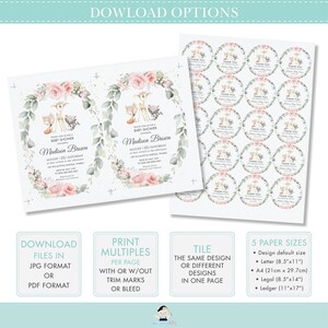 May include: Printable baby shower invitation with a woodland theme. The invitation features a deer, fox, and raccoon surrounded by greenery and pink flowers. The text on the invitation reads "Please join us for a baby shower honoring Madison Brown August 12th, 2023 Saturday at one o'clock in the afternoon 189 Eucalyptus Lane, Fable RSVP to [email protected]  Registered at Walmart and Amazon"