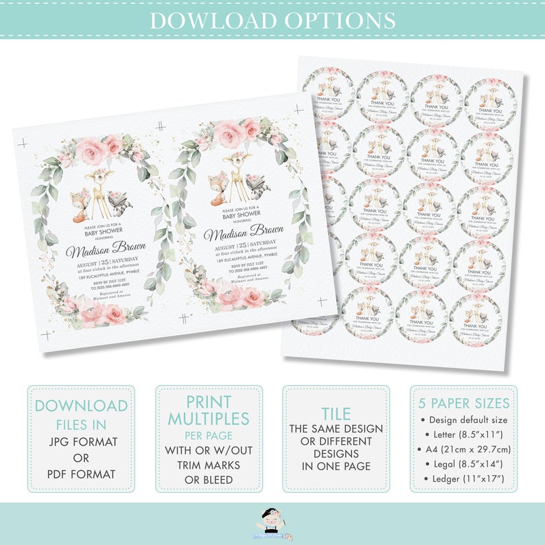 May include: Printable baby shower invitation with a woodland theme. The invitation features a deer, fox, and raccoon surrounded by greenery and pink flowers. The text on the invitation reads "Please join us for a baby shower honoring Madison Brown August 12th, 2023 Saturday at one o'clock in the afternoon 189 Eucalyptus Lane, Fable RSVP to [email protected]  Registered at Walmart and Amazon"