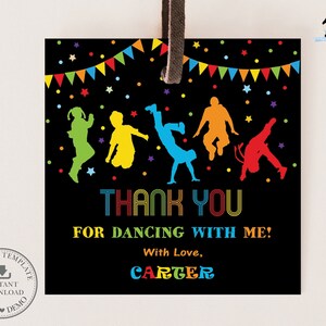 Hip Hop Dance Party Square Thank You Favor Tag druckbare EDITIERBARE VORLAGE Disco Party Kinder Jungen Mädchen Neon Bright Label SOFORTIGER Download DP3