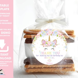 EDITABLE TEMPLATE Unicorn 3&quot; Circle Label, Pink Floral Cute Thank You Sticker Favors Tag Printable, Baby Shower Girl, Birthday, Baptism, UB2