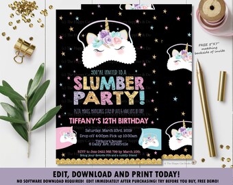 Unicorn Slumber Party Invitation,  Unicorn Sleepover Invite, Pajama Party Printable, Cute Unicorn Sleep Mask, Digital EDITABLE TEMPLATE US2