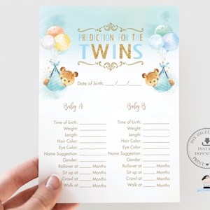 Teddyberen Twin Boys Baby Shower Voorspellingskaart, Cute Twins Teddies Blauw Groen Gele Ballonnen Game Card Activiteit, INSTANT DOWNLOAD, TB5