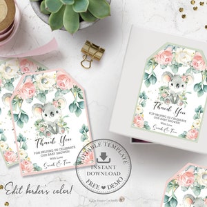 EDITIERBARE VORLAGE Koala Danke Tags, Gastgeschenke, Blush Pink Floral Eukalyptus Swing Tags Printable, Baby Shower Girl, Geburtstag, Taufe, AU2