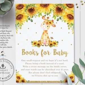 BEWERKBARE SJABLOON Giraffe Boeken voor Baby Insert, Gouden Rustieke Zonnebloem Bloemen Baby Douche Verjaardag Bijlage Kaart Afdrukbaar, INSTANT GF2