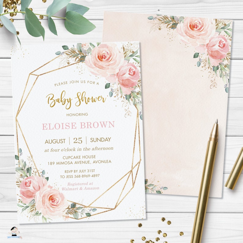 May include: Baby shower invitation with a geometric gold frame, blush pink roses, and greenery. The invitation includes the text "Baby Shower" and details for Eloise Brown's baby shower, including the date, time, and location.