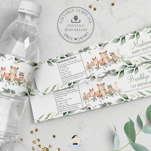 Woodland Animals Water Bottle Labels, EDITABLE TEMPLATE, Bear Greenery Sticker Wrapper Favors Printable, Baby Shower Birthday Baptism, WG12