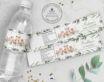 Woodland Animals Water Bottle Labels, EDITABLE TEMPLATE, Bear Greenery Sticker Wrapper Favors Printable, Baby Shower Birthday Baptism, WG12