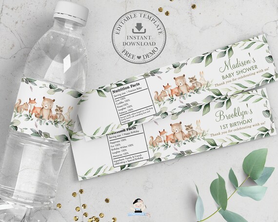 Woodland Animals Water Bottle Labels, EDITABLE TEMPLATE, Bear Greenery Sticker Wrapper Favors Printable, Baby Shower Birthday Baptism, WG12 Il_570xn