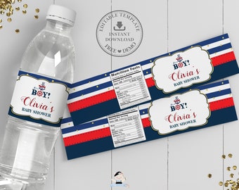 Nautical Baby Shower Water Bottle Label, EDITABLE TEMPLATE, Ahoy it's a boy, Anchor, Favor Red Navy Gold Printable, INSTANT Download, NT1