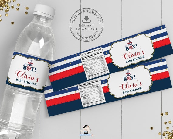 Nautical Baby Shower Water Bottle Label, EDITABLE TEMPLATE, Ahoy it's a boy, Anchor, Favor Red Navy Gold Printable, INSTANT Download, NT1 Il_570xn