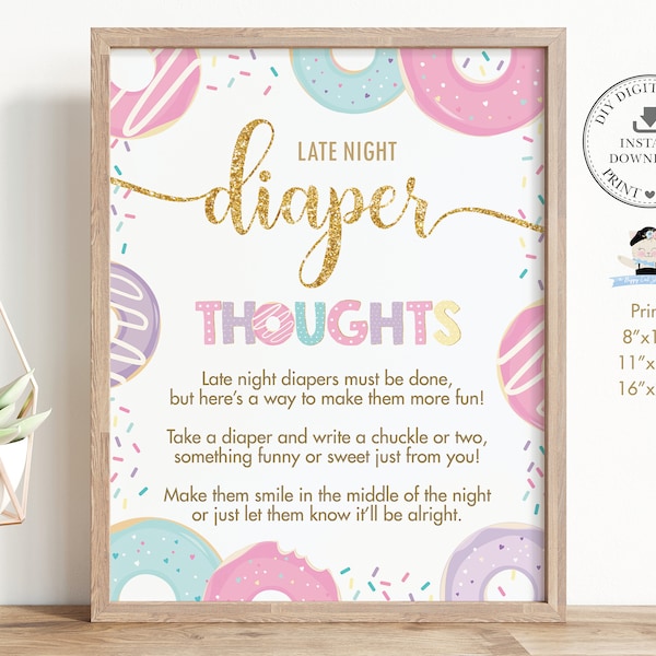 Late Night Diaper Thoughts Sign, INSTANT DOWNLOAD, Pastel Donuts Doughnuts Sprinkle Baby Shower Fun Game Activity, Diy PDF Printable, DT1