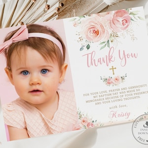 Blozen roze bloemen doop doop dank u fotokaart afdrukbare, BEWERKBARE SJABLOON, INSTANT Download goud Glitter chique elegante Rose PK5