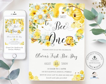 Cute So Sweet to Bee One 1st Birthday Invitation, EDITABLE TEMPLATE, INSTANT Download, Bumblebee Honey Bees First Party Invite Pdf File, BB1
