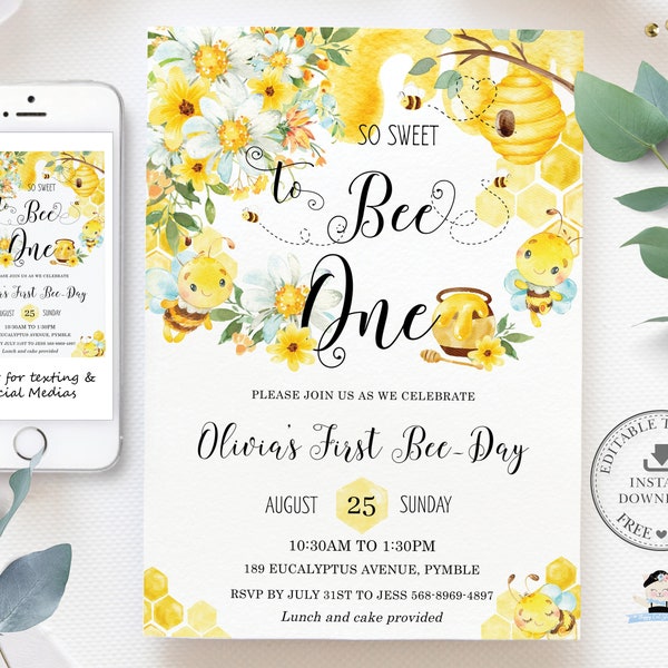 Cute So Sweet to Bee One 1st Birthday Invitation, EDITABLE TEMPLATE, INSTANT Download, Bumblebee Honey Bees First Party Invite Pdf File, BB1