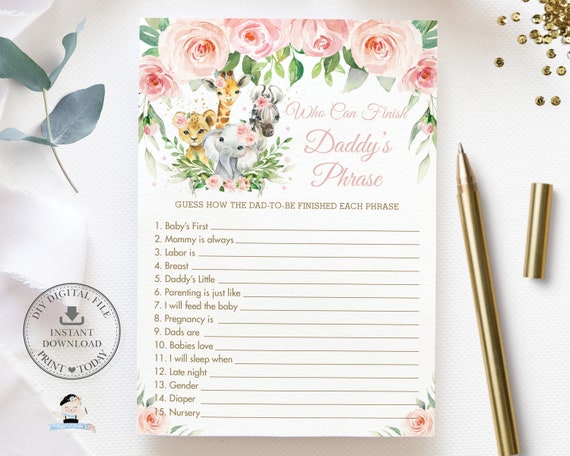 Who Can Finish Daddy's Phrase Game, INSTANT DOWNLOAD, Pink Floral Jungle Animals Lion Co-Ed Baby Shower Fun Activity Diy PDF Printable, JA6 Il_570xn