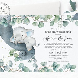 Elephant Baby Shower by Mail Invitation, EDITABLE TEMPLATE, Rustic Eucalyptus Greenery Long Distance Virtual Invite INSTANT Printable, EP10