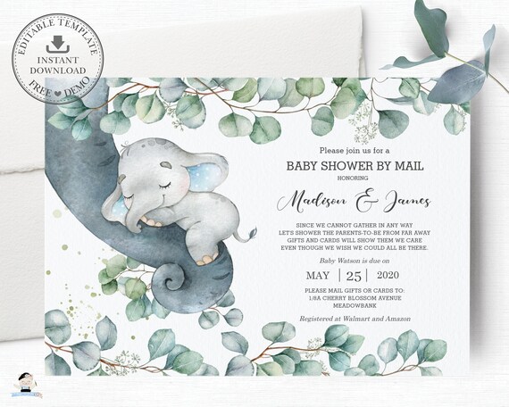 Elephant Baby Shower by Mail Invitation, EDITABLE TEMPLATE, Rustic Eucalyptus Greenery Long Distance Virtual Invite INSTANT Printable, EP10 Il_570xn
