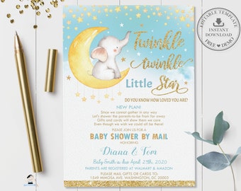 Elephant Twinkle Little Star Baby Shower by Mail Invitation, EDITABLE TEMPLATE, Virtual Shower Boy Blue Gold Printable, INSTANT Download TS1