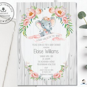 Elephant Baby Shower Invitation, EDITABLE TEMPLATE, Printable Elephant, Baby Girl, Pink Blush Floral, Boho, Rustic, Elephant Invite, EP4 image 3