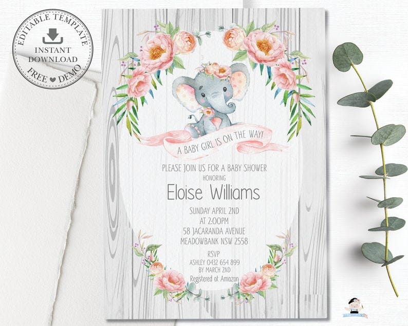 Elephant Baby Shower Invitation, EDITABLE TEMPLATE, Printable Elephant, Baby Girl, Pink Blush Floral, Boho, Rustic, Elephant Invite, EP4 image 3