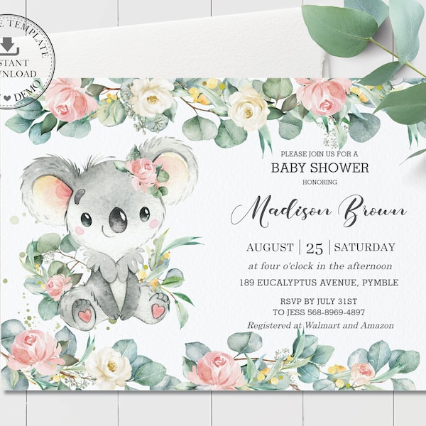 Cute Koala Baby Shower Invitation, EDITABLE TEMPLATE, Eucalyptus Greenery Pink Floral Invite, Girl Sprinkle Printable, INSTANT Download, AU2