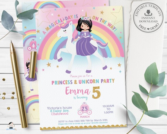 Princess and Unicorn Birthday Party Invitation, EDITABLE TEMPLATE, Cute Whimsical Black Hair Princess Rainbow Printable INSTANT Download PU1 Il_570xn
