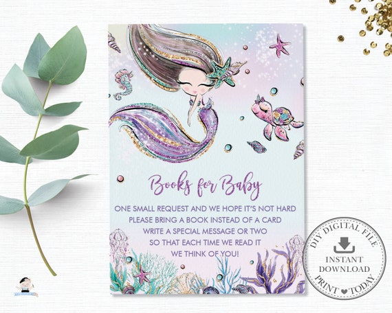 Mermaid Bring a Book instead of Card Insert, Mermaid Tail Baby Shower INSTANT DOWNLOAD, Books for Baby Printable, Under the Sea, Diy PDF MT2 Il_570xn