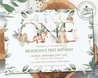 Greenery Woodland Animals Wild One Birthday Invitation, EDITABLE TEMPLATE 1st Birthday Invite Gender Neutral Boy Girl Printable Pdf, WG12