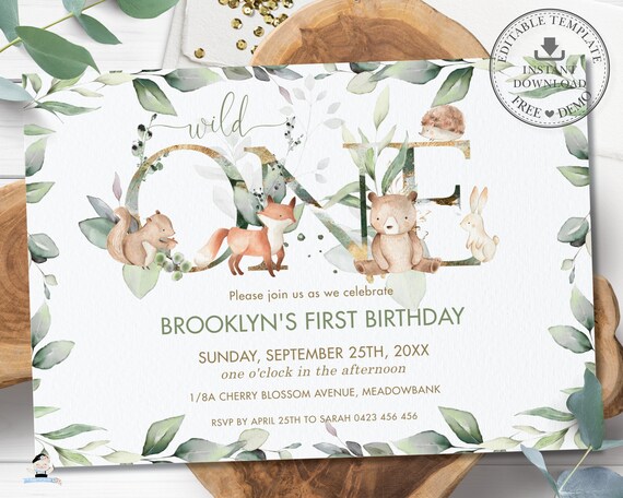Greenery Woodland Animals Wild One Birthday Invitation, EDITABLE TEMPLATE 1st Birthday Invite Gender Neutral Boy Girl Printable Pdf, WG12 Il_570xn