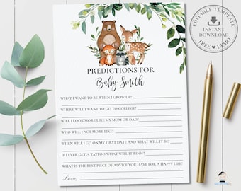 Baby Predictions Card, INSTANT Download EDITABLE TEMPLATE, Rustic Greenery Woodland Animals Baby Shower Game Activity, Diy Pdf Printable WG7