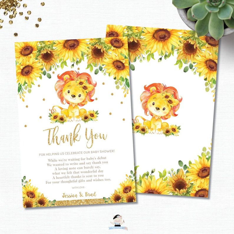 Lion Baby Shower 1st Birthday PDF Lion Sunflower Thank You Card EDITABLE TEMPLATE LN1 Yellow Floral Sunflower Rustic Instant Download