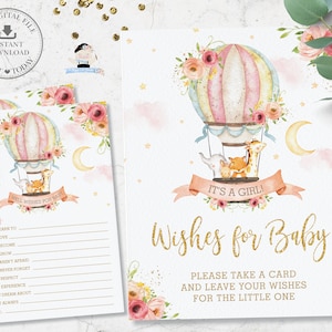 Hete luchtballon schattige dieren wensen voor babykaart en teken, chique Blush Floral baby shower activiteit afdrukbaar, Diy Pdf INSTANT DOWNLOAD, HB7