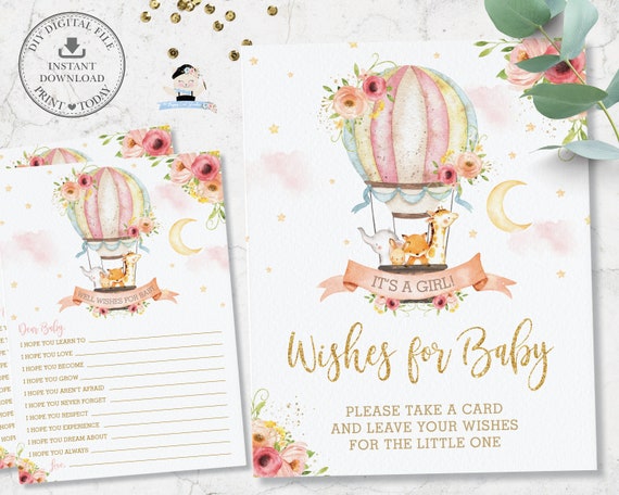 Hot Air Balloon Cute Animals Wishes for Baby Card and Sign, Chic Blush Floral Baby Shower Activity Printable, Diy Pdf INSTANT DOWNLOAD, HB7 Il_570xn
