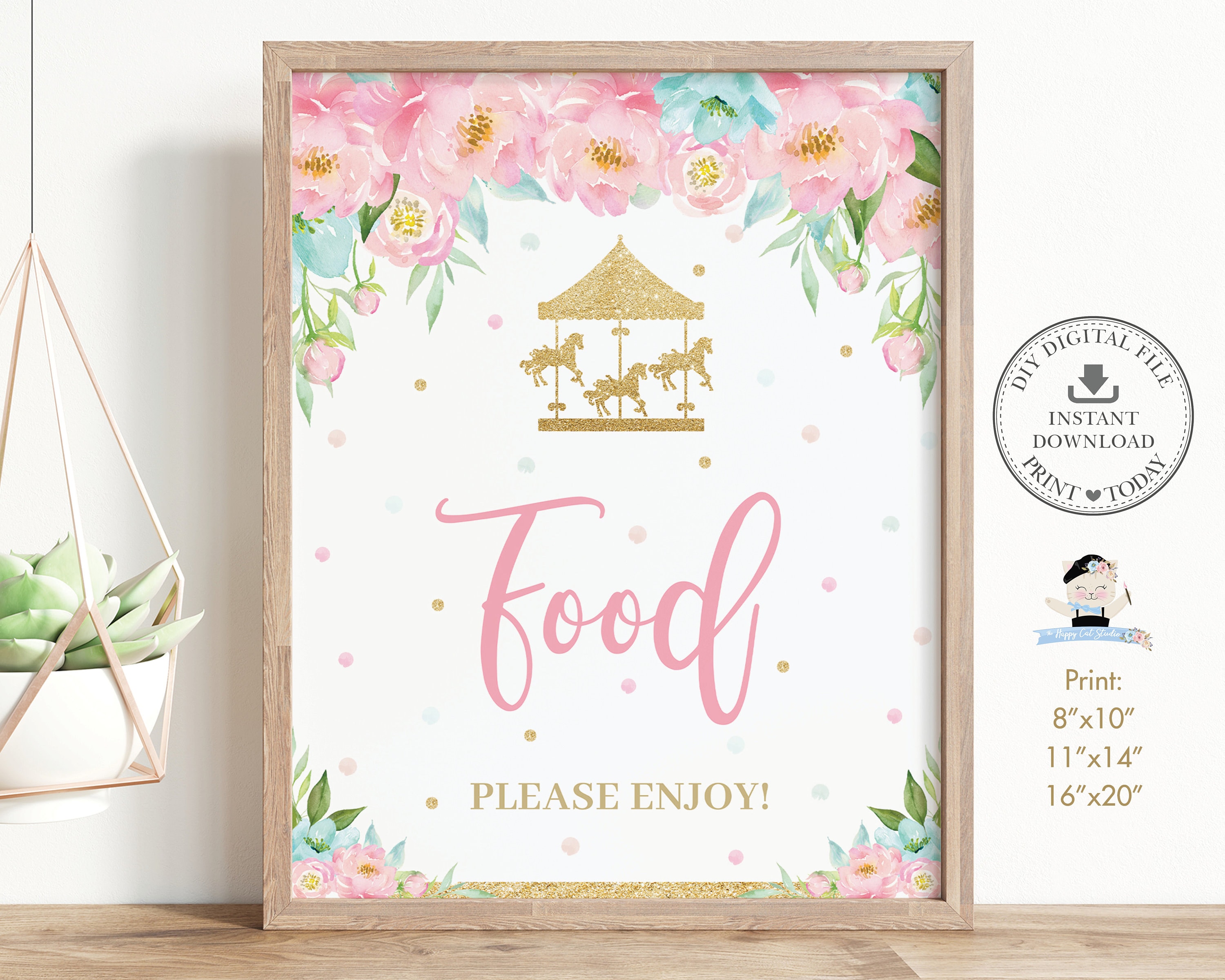 Food Please Enjoy Sign, INSTANT DOWNLOAD, Pink Mint Floral Carousel ...