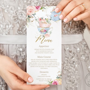 Chic Blush Rosa Blumen Rosen Blumen High Tea Party Menü Druckbare EDITIERBARE VORLAGE Baby Brautparty Hochzeit Geburtstag Abendessen Mittagessen TP5