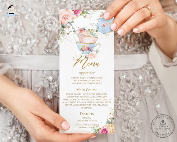 Chic Blush Pink Floral Roses Flowers High Tea Party Menu Printable EDITABLE TEMPLATE Baby Bridal Shower Wedding Birthday Dinner Lunch TP5 Il_570xn