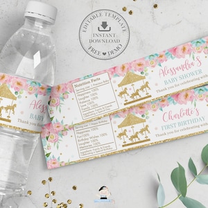 Pink Mint Floral Carousel Water Bottle Labels EDITABLE TEMPLATE Merry Go Round Sticker Wrapper Favors Baby Shower 1st Birthday Printable CR2